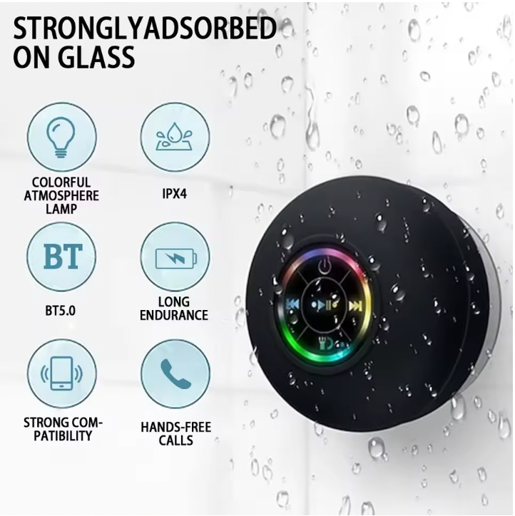 Waterproof Shower Pod Speakers - LED Lights With Suction Cup Attachable To Most Surfaces