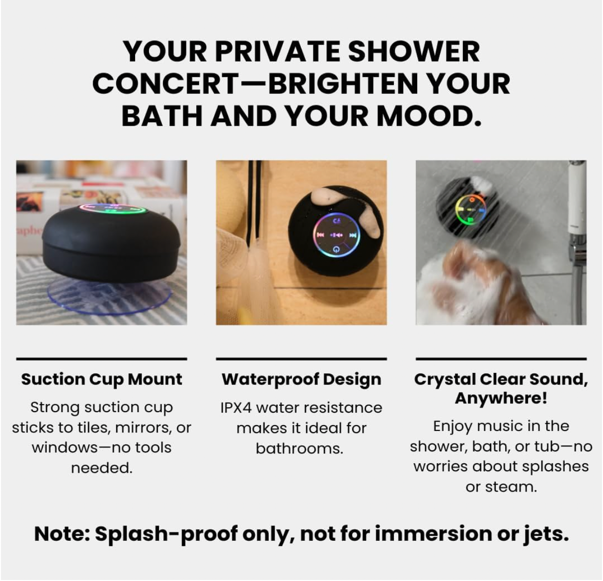 Waterproof Shower Pod Speakers - LED Lights With Suction Cup Attachable To Most Surfaces
