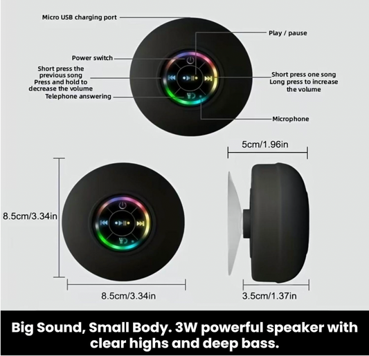 Waterproof Shower Pod Speakers - LED Lights With Suction Cup Attachable To Most Surfaces